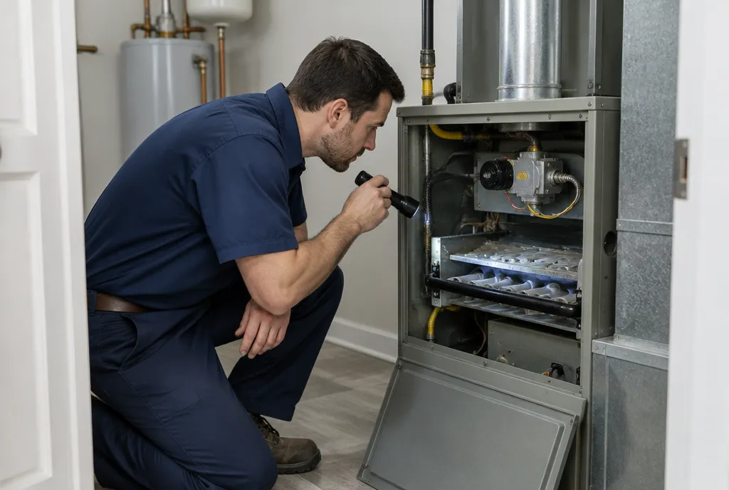 HVAC technician checking the burners of a gas furnace with the access panel open