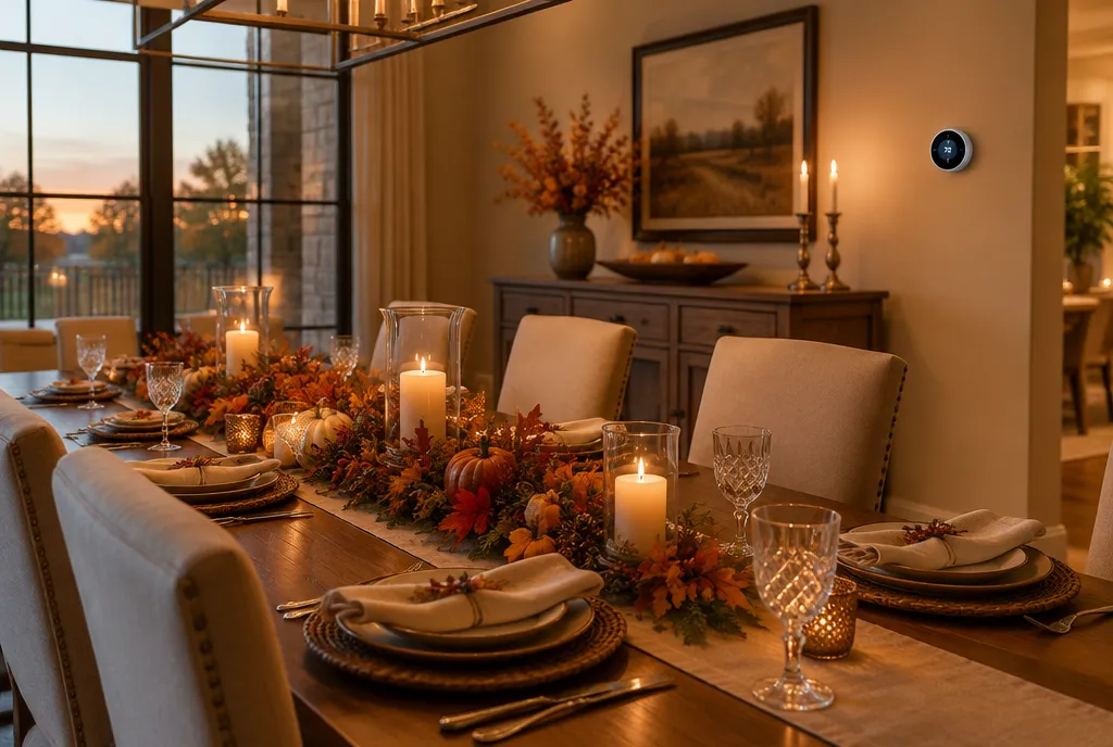 Dining table set for Thanksgiving dinner in a warm Texas home with a smart thermostat on the wall